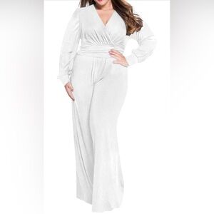 RED DOT BOUTIQUE Plus Size Mesh Long Sleeve V Wrap Neck Wide Leg Pants Jumpsuit
